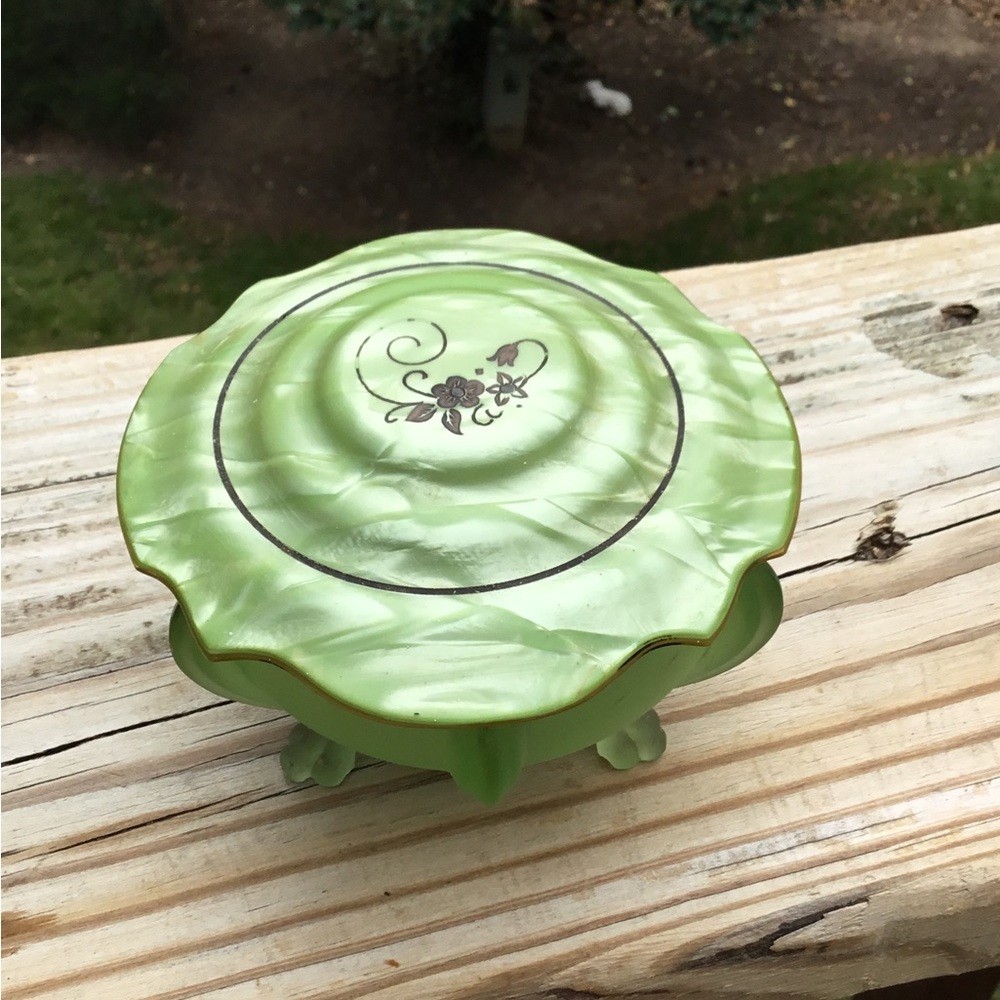 Vintage frosted green vanity covered jar...glass bottom and celluoid top